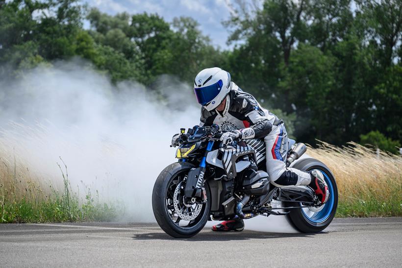 BMW R1300R Titan performing a burnout