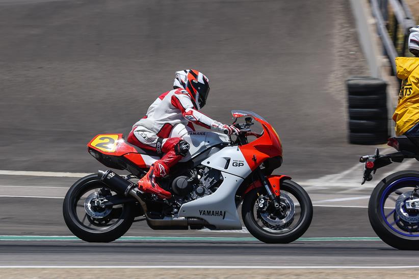 A side view of Wayne Rainey cornering on the Yamaha XSR900 GP