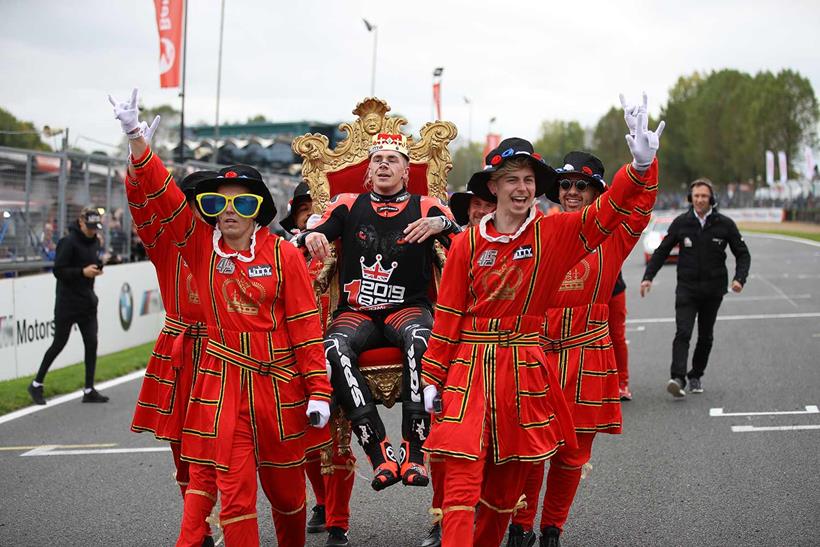 Scott Redding celebrates becoming BSB champion at Brands Hatch in 2019.