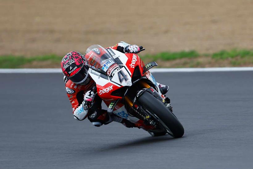 Scott Redding onboard the Hager PBM Ducati at Brands Hatch.