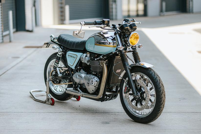 Custom Triumph Bonneville T120 on a paddock stand