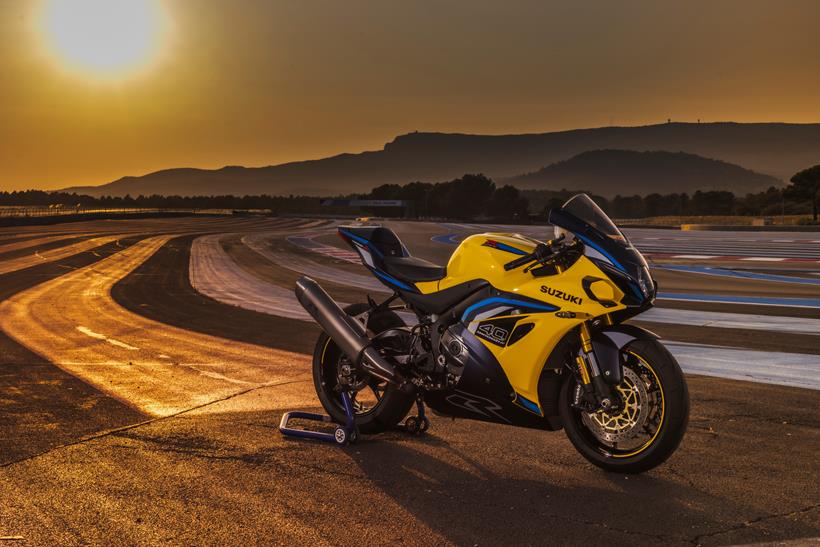 Yellow Suzuki GSX-R1000R on a paddock stand