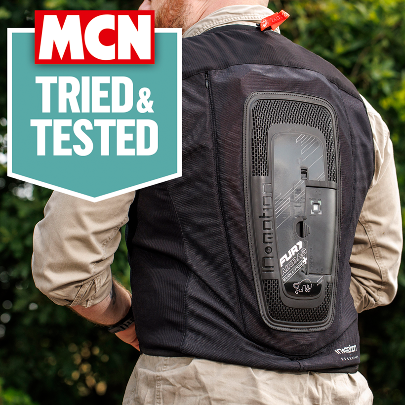 Back of the Furygan Fury Airbag Evolution+, showcasing the In&motion module, with MCN"s Tried & Tested logo