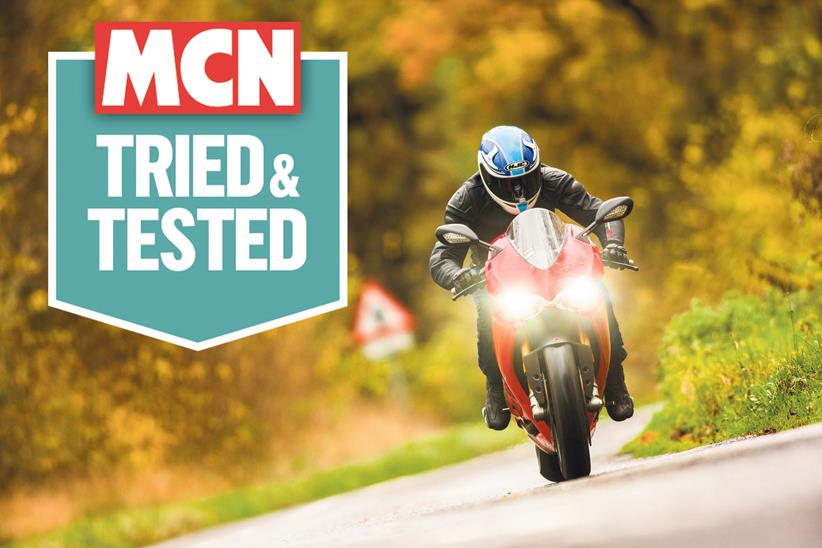 Riding a sportsbike in autumn, with MCN's Tried and Tested logo