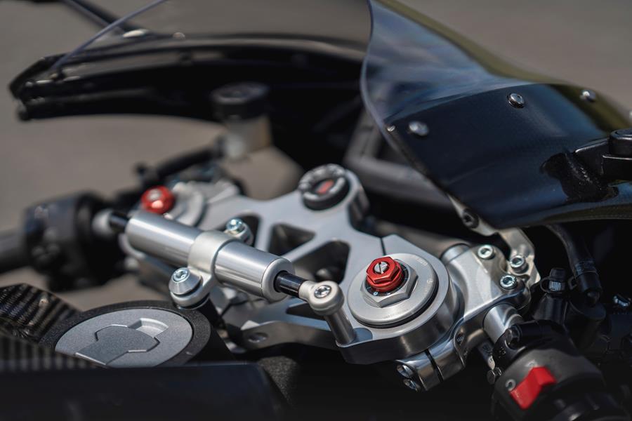 2025-on Buell Hammerhead 1190, close up image of top triple clamp and fork caps 