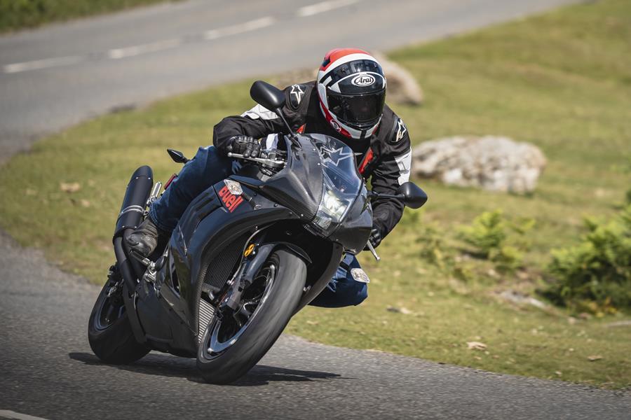 2025-on Buell Hammerhead 1190, leaning left through a turn on a country road