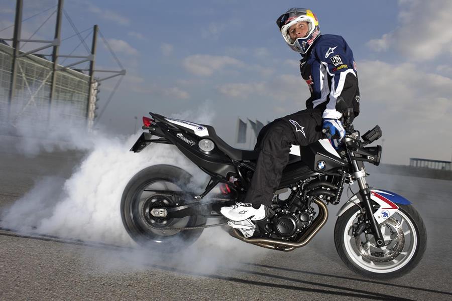 Chris Pfeiffer riding his special edition replica BMW F800R