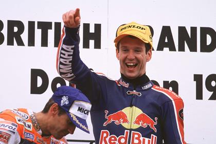 Crafar celebrating victory at the 1998 500GP at Donington Park