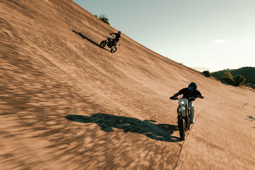 Stark Varg SM ridden on a banked turn