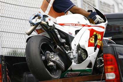 Marco Simoncelli's San Carlo Gresini Honda after his second big crash at Sepang