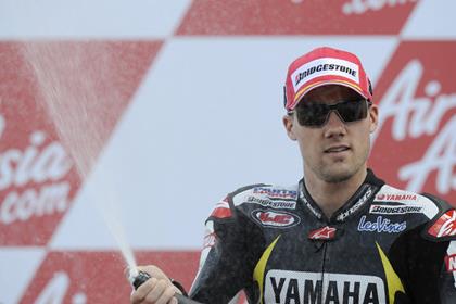 Ben Spies celebrates his first MotoGP podium