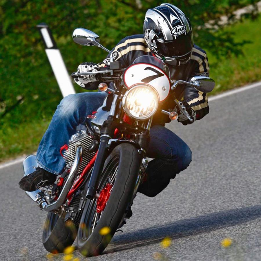 Moto Guzzi V7 Racer front riding shot