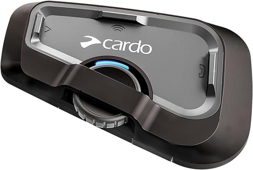 Cardo freecom intercom, with its blue led lit and control wheel. On a white background