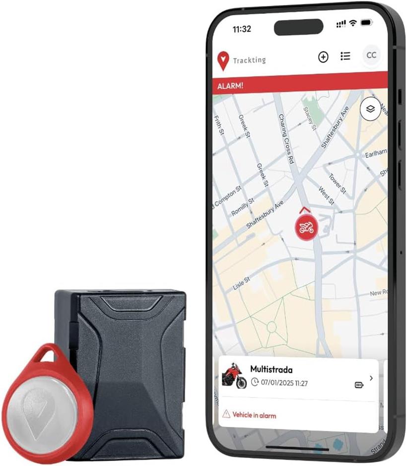 Trackting motorcyle tracker next to a smarphone with the trackting app open