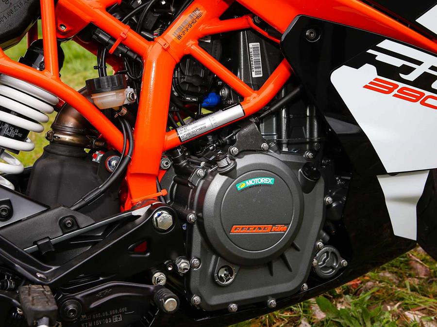 The KTM RC390 features a single-cylinder engine