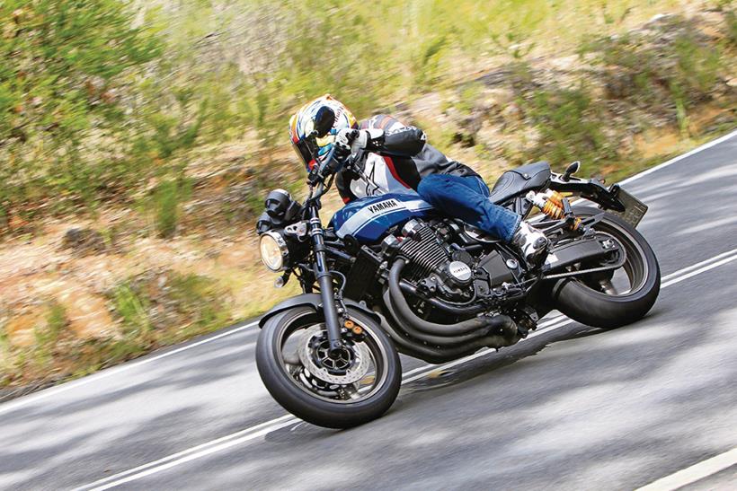 2015 Yamaha XJR1300, leaning into a right turn