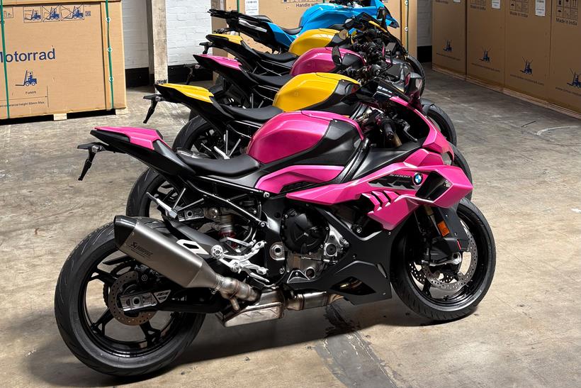Side view of a BMW S1000RR finished in pink