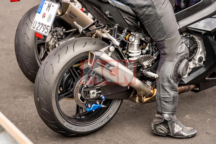 BMW S1000RR spy shot new exhaust and swingarm