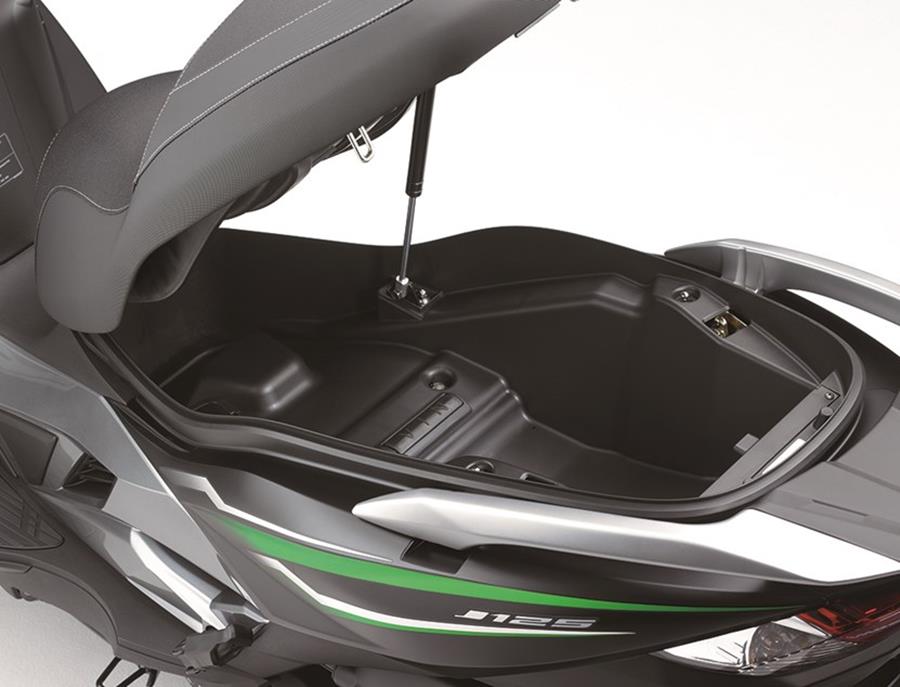 There's plenty of underseat storage on the Kawasaki J125