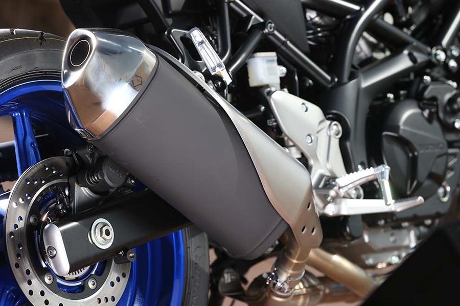 The standard exhaust on the Suzuki SV650 is large, but it's also easily replaceable by myriad aftermarket options