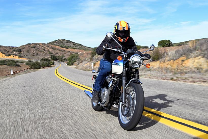2021 Triumph Bonneville T120 on the road right side 2026-on Triumph Bonneville T120 riding towards the camera