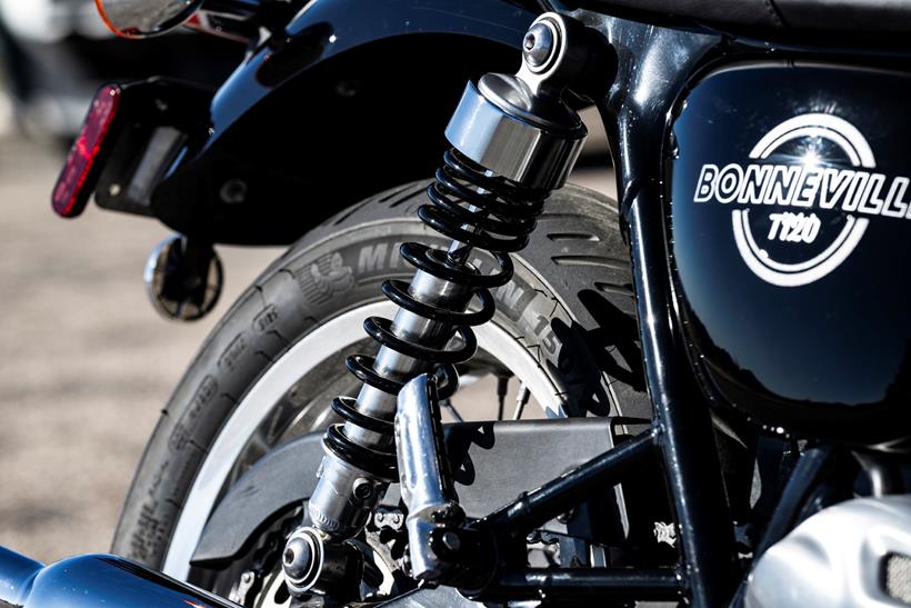 2026-on Triumph Bonneville T120 close up of the rear wheel and shock