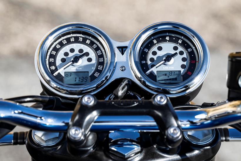 2026-on Triumph Bonneville T120 detailed shot of the chrome clocks