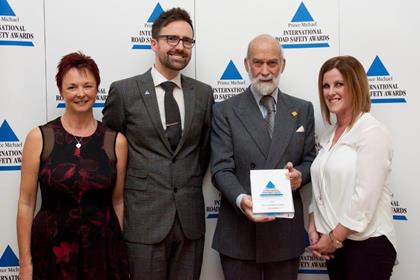 RealRider founders Andrew Richardson (second left) and Zoe Farrington (far right) with Prince Michael of Kent and the Motorcycle Industry Association's Director of Safety Karen Cole