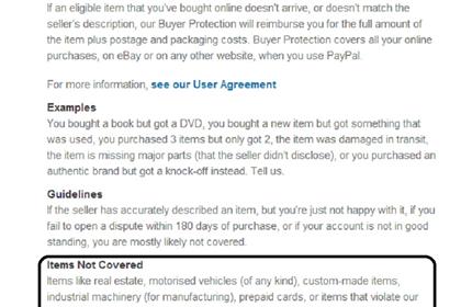 PayPal's terms show 'motorised vehicles' are not covered by its Buyer Protection scheme