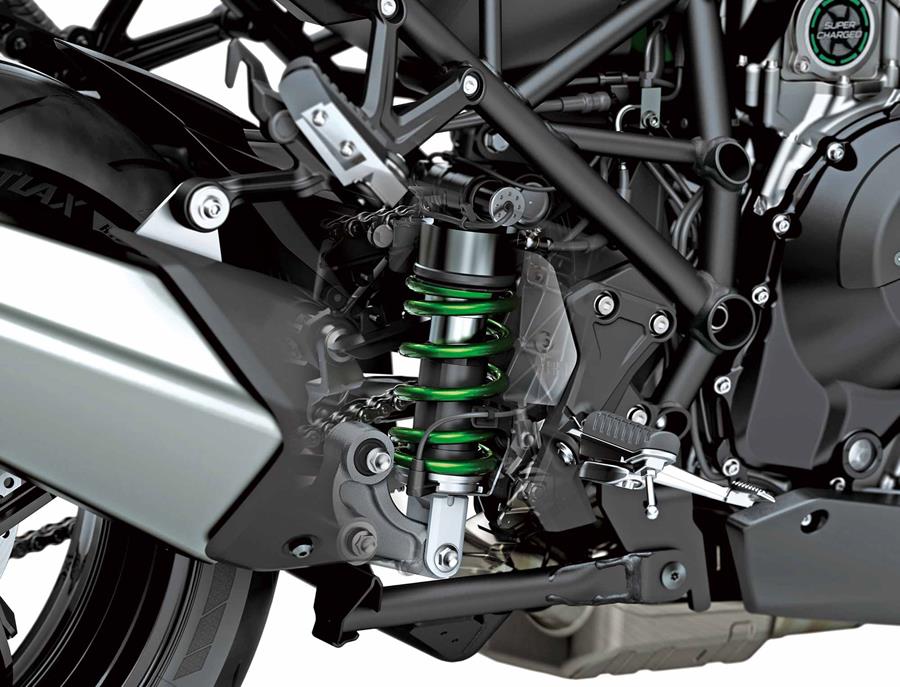 The rear shock on the Kawasaki Versys 1000