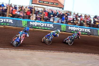 Britain's Tai Woffinden (red helmet) chases Greg Hancock (USA, blue) and Nick Morris (AUS, white). PHOTO: Andi Gordon/Monster Energy