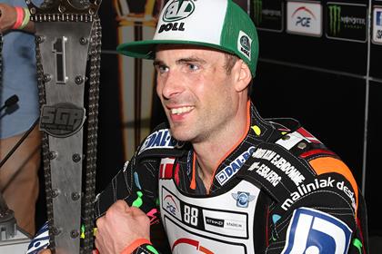 Niels-Kristian Iversen with the spoils of winning the British speedway Grand Prix