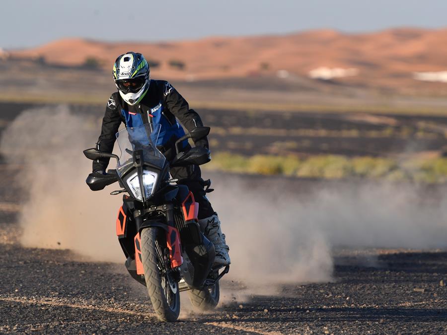 KTM 790 Adventure front action shot on hard standing