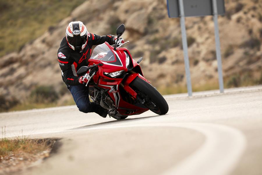 In action on the Honda CBR650R at its launch