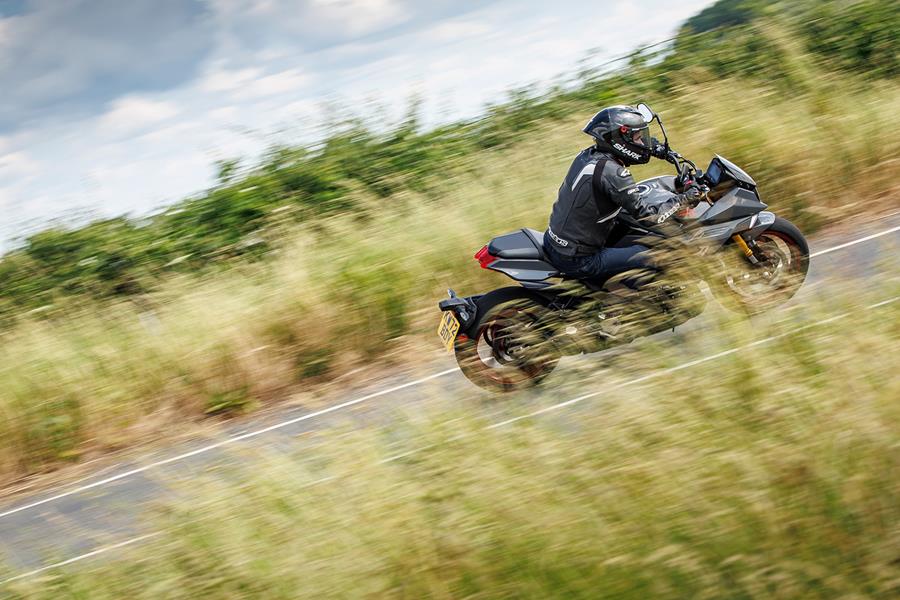 Riding on a country road on the 2023 Suzuki Katana