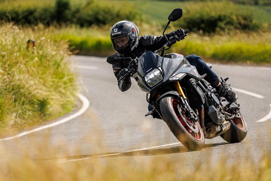 Leaning into a bend on the Suzuki Katana