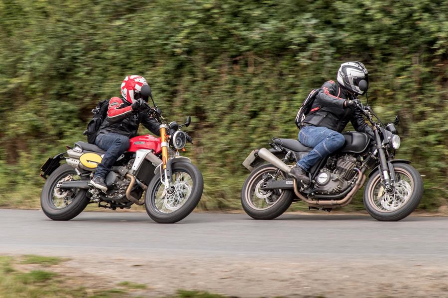 Fantic Caballero 500 Scrambler vs SWM Ace of Spades ridden against one another