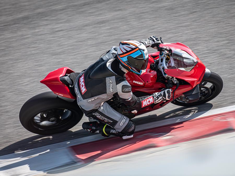 2020 Ducati Panigale V4S cornering knee down from above