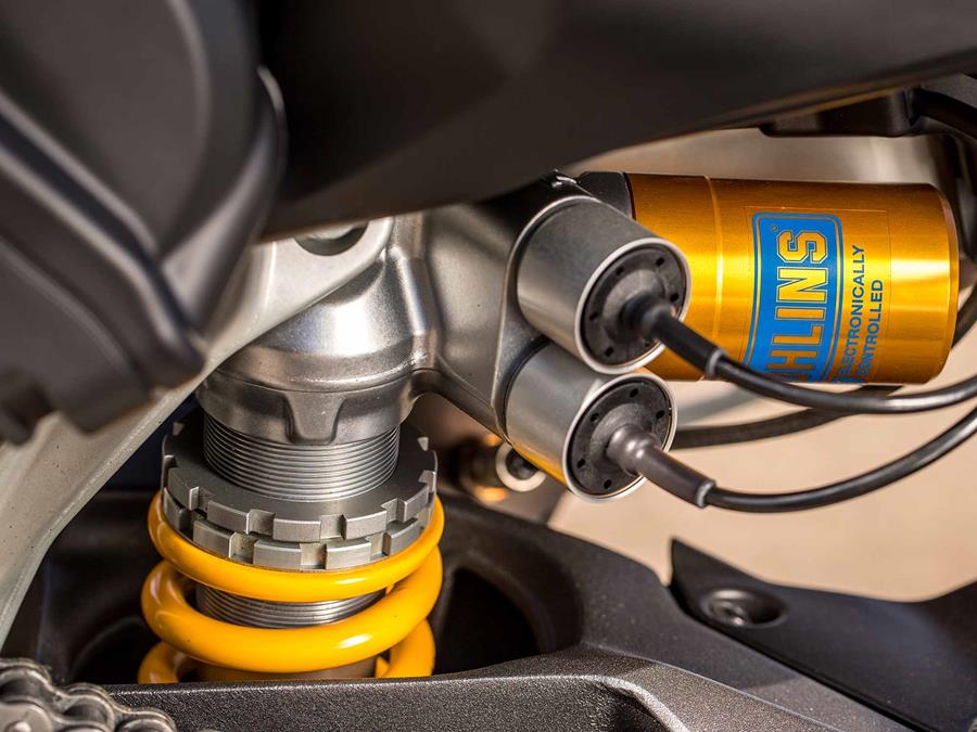 The semi-active Öhlins rear shock on the Ducati Streetfighter V4 S