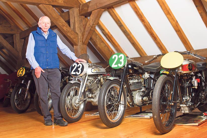 John Surtees with some of his motorbike collection