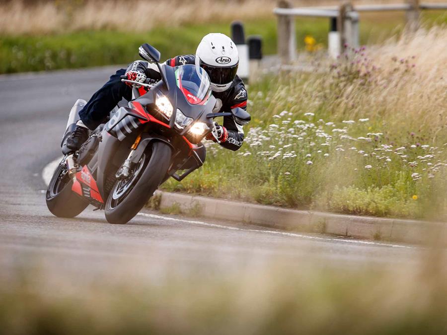 Cornering left on the Aprilia RSV4 1100 Factory