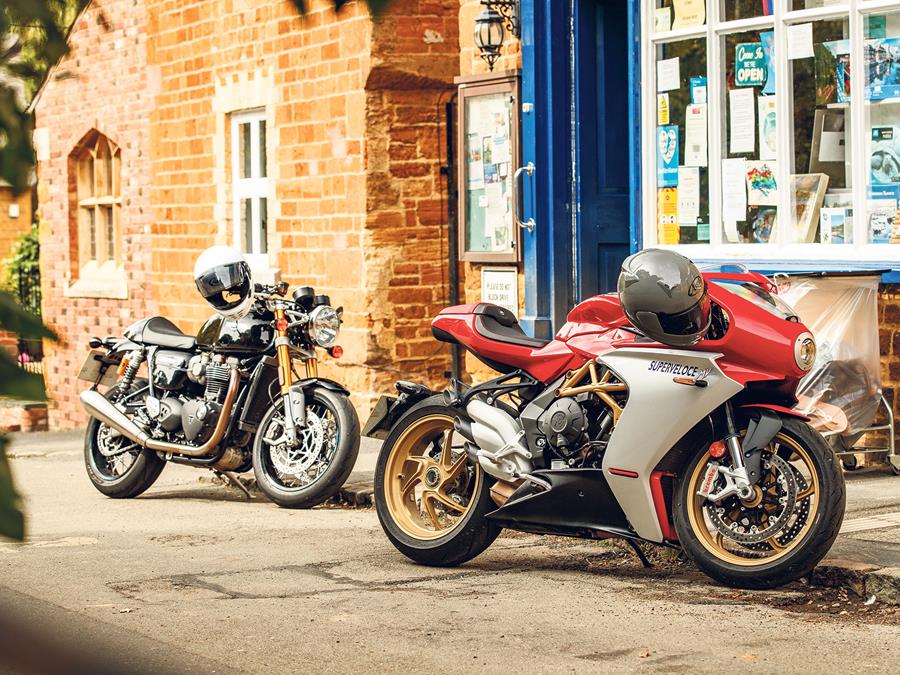 MV Agusta Superveloce and Triumph Thruxton RS outside shop