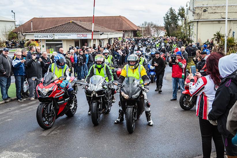 John Reynolds, Chris Walker and john McGuinness lead the rideout to Cadwell