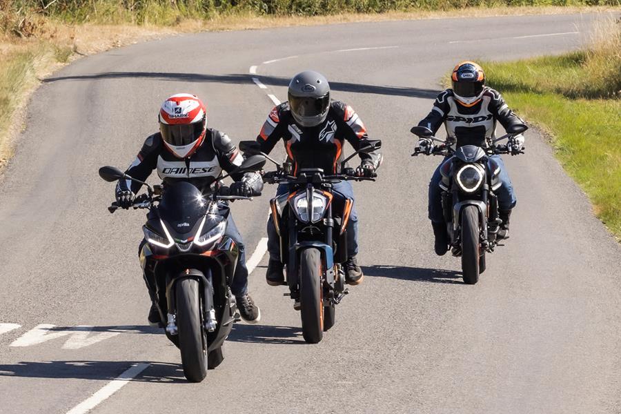 Aprilia Tuono 660 Factory, Ducati Monster and KTM 890 Duke R on the road