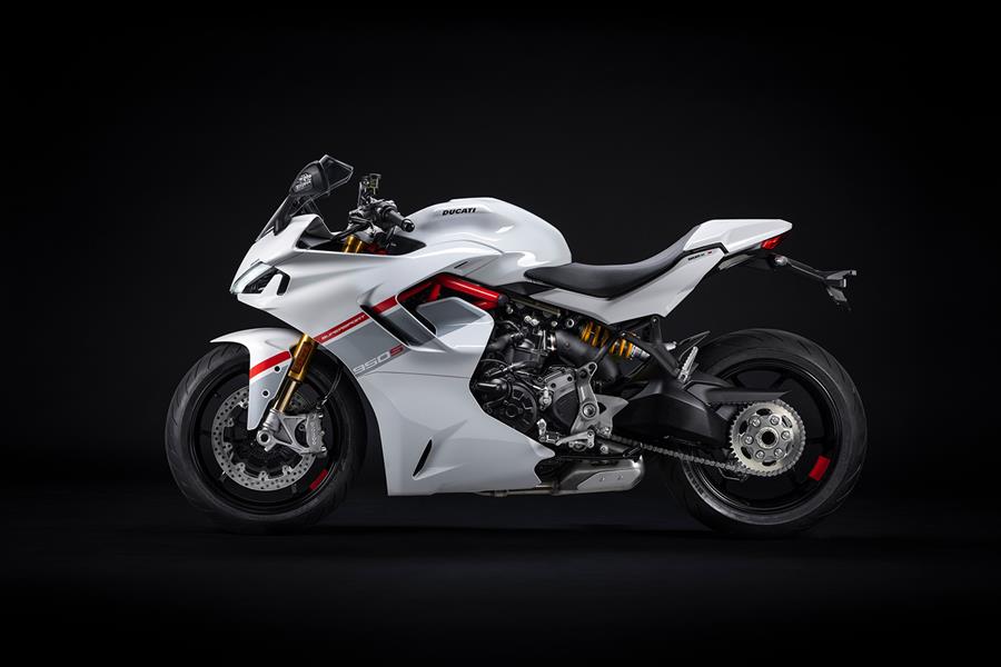 A side view of the 2024 Ducati SuperSport 950S, which comes with a red and silver stripe livery