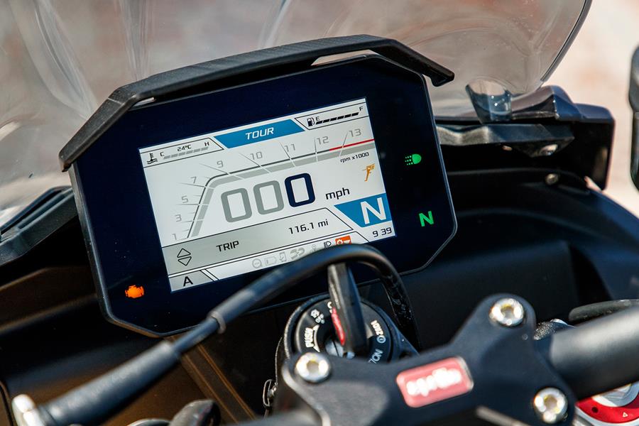 The Aprilia's TFT dash offers all the information you need