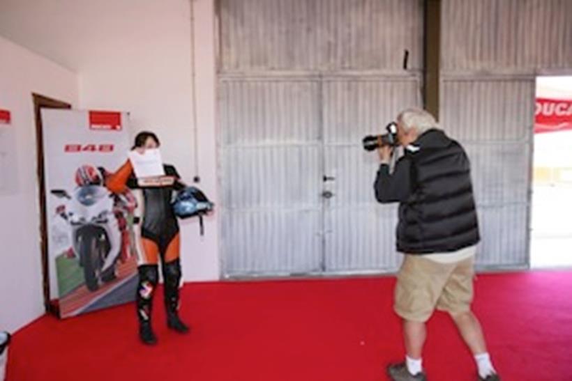 Rossi's personal photographer Gigi Soldano snaps MCN's Emma at 848 launch