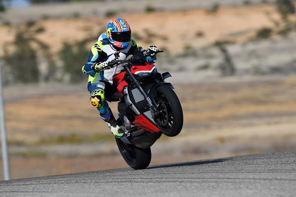 Popping a wheelie on track on the Ducati Streetfighter V2