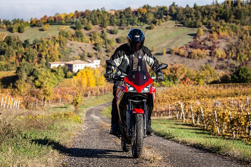 Stood up on the Moto Morini X-Cape 650