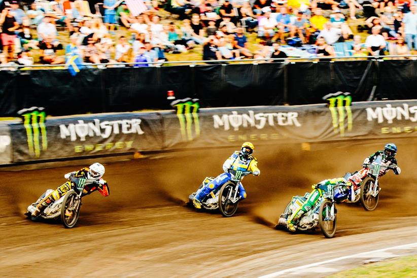 Martin Smolinski (white helmet) put up most resistance for Germany, but they finished fourth and are out of the Speedway World Cup